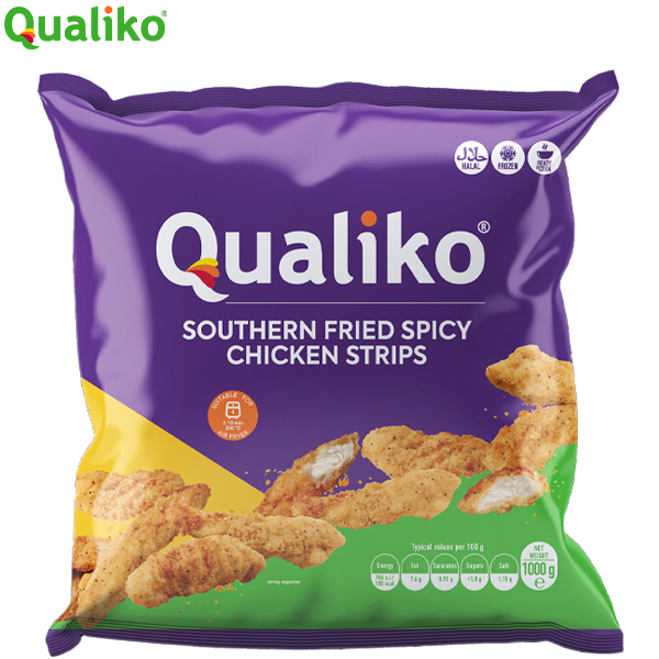 QUALIKO HALAL SF CHICKEN CRISPY STRIPS 1x1kg SOUTHERN FRIED CHICKEN FILLETS (40-65gm)