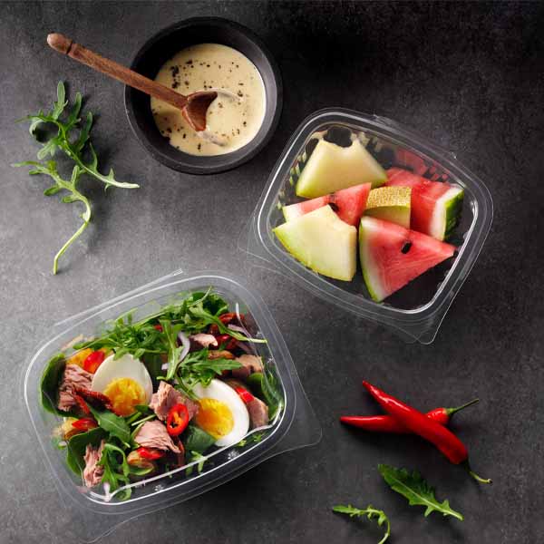 NEWLEAF 500ml HINGED SALAD CONTAINERS 1x400s FULLY RECYCLABE ( 146 x 130 x 57mm)