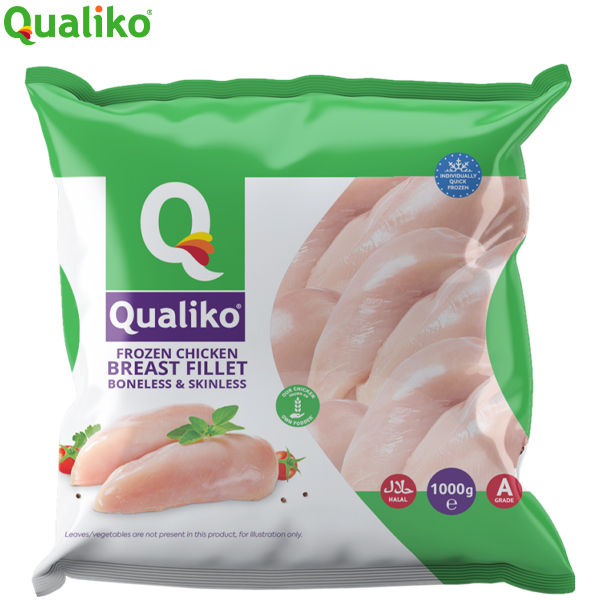 FROZEN CHICKEN BREAST FILLETS (90-110g) 10kg QUALIKO HALAL A GRADE BONELESS & SKINLESS