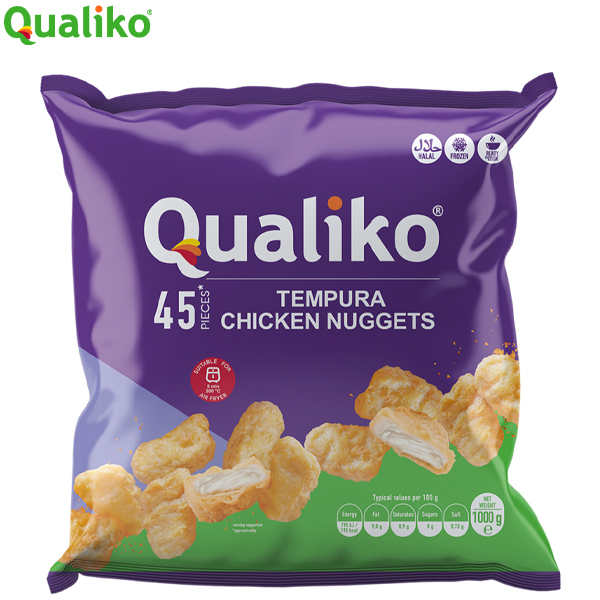 QUALIKO HALAL TEMPURA CHK NUGGETS 1kg CHICKEN MEAT CONTENT %69 , 22gm 24 PIECES BATTERED