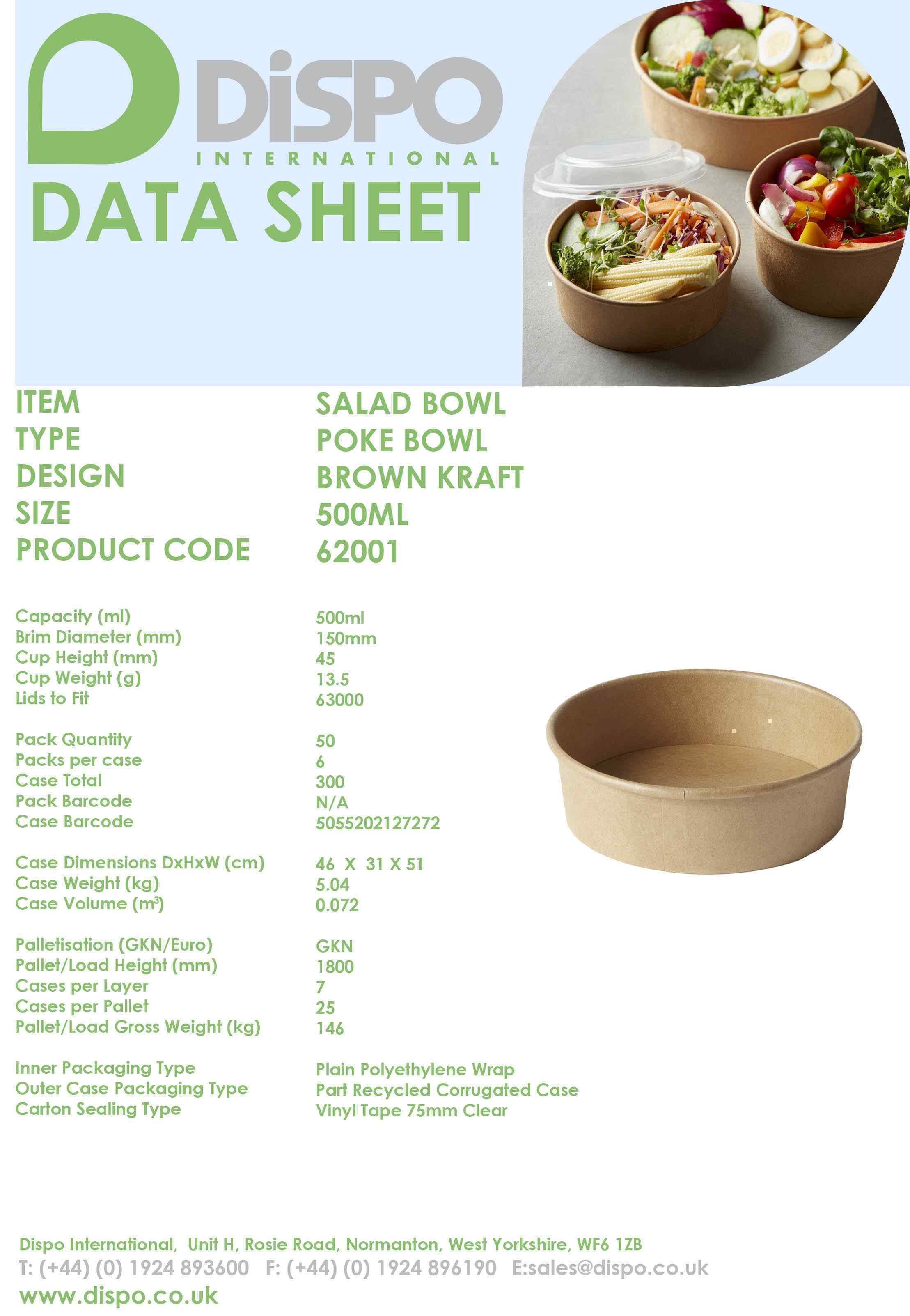 SMALL KRAFT ROUND SALAD BOWLS 6x50 - 500cc DIAMETER: 150MM  CODE:62001- 500ml