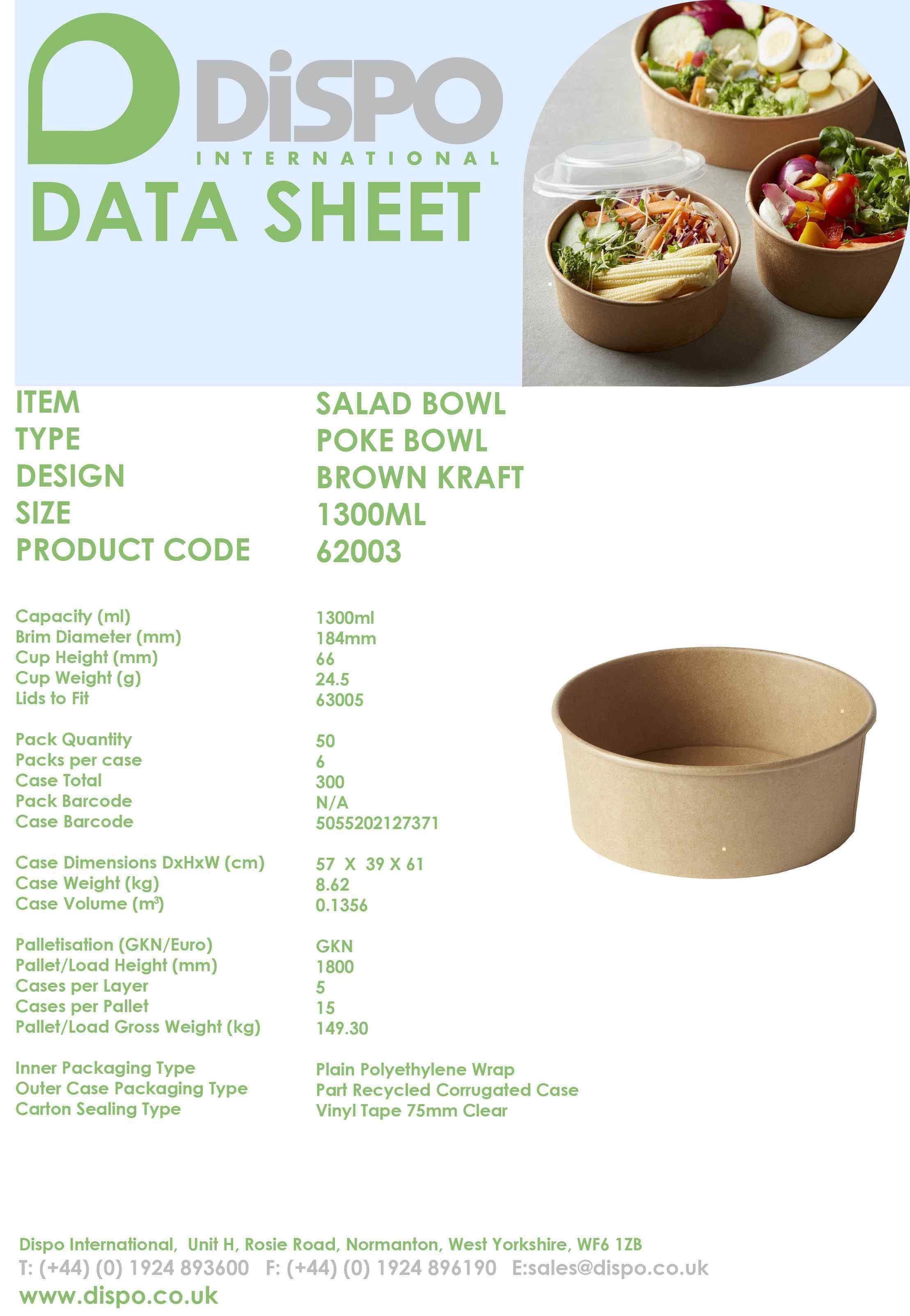 X LARGE KRAFT ROUND SALAD BOWLS 6x50 - 1300cc DIAMETER: 184MM  CODE:62003- 1300ml