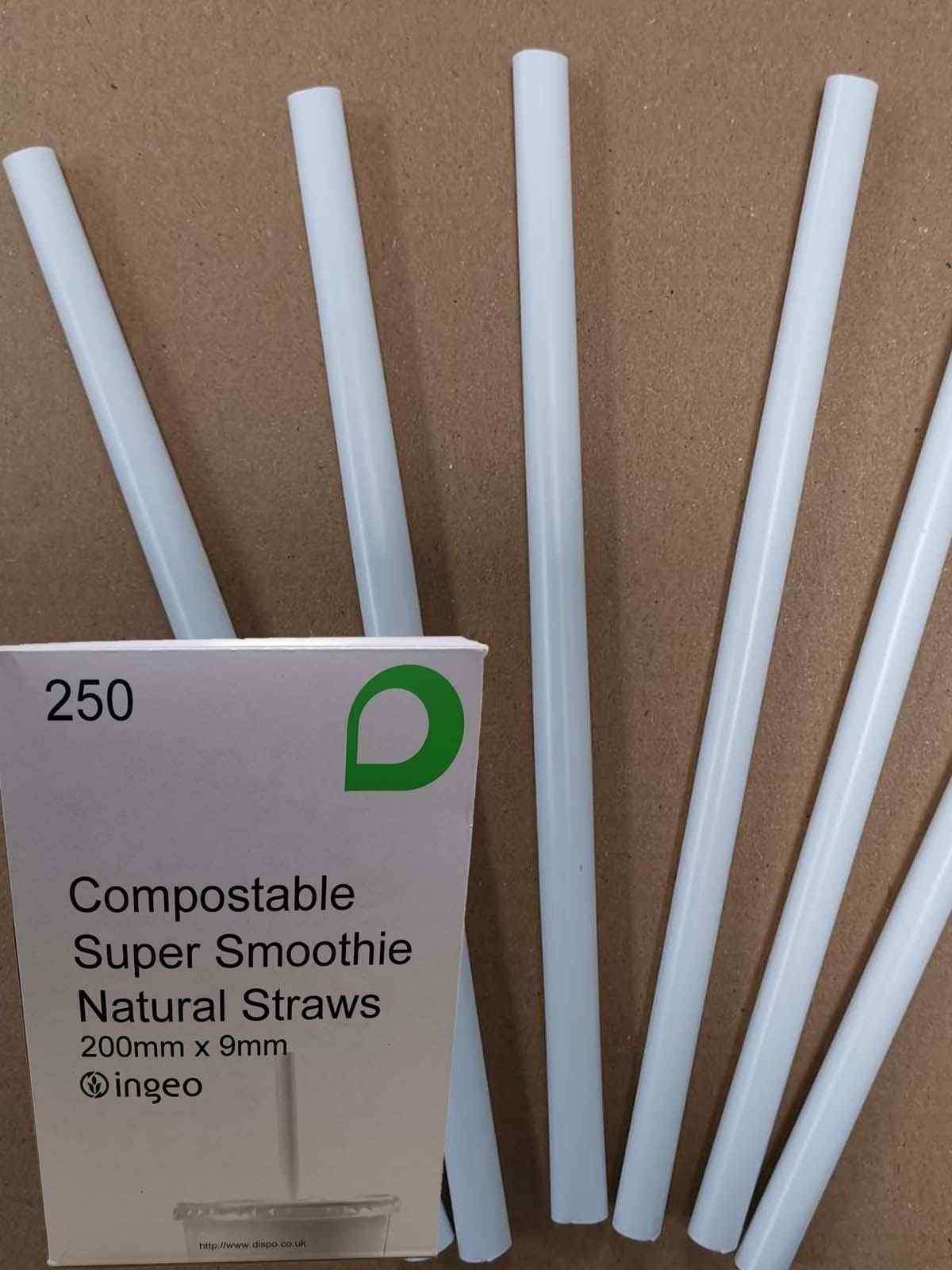 PLA WHITE SMOOTHIE STRAWS  (200 x9mm) 250's COMPOSTABLE PLASTIC