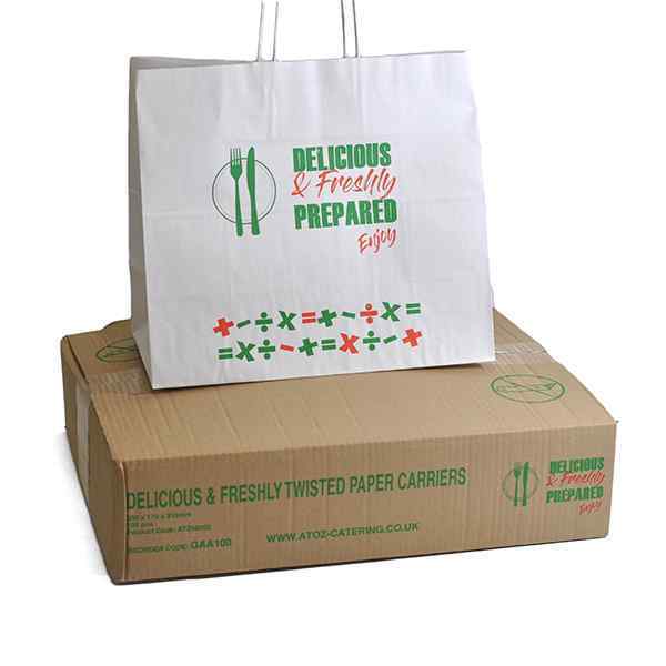 TWISTED HANDLE DELICIOUS & FRESHLY CARRIER BAGS 350x170x310mm 1X100